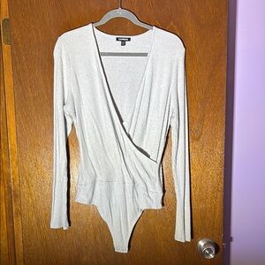 Express Gray Wrap Ribbed Thong Bodysuit Long Sleeve